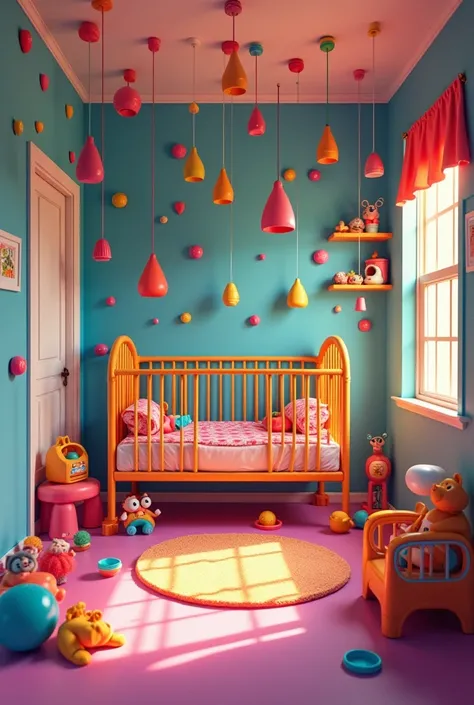 baby nursery filled with very bright colors in a basement with lots of toys around on the floor and an adult sized crib with very tall railings 