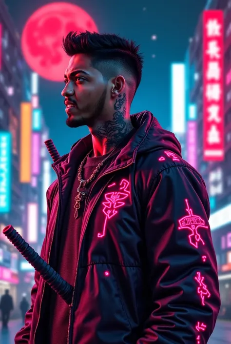 Character wearing a cyberpunk themed Neon jacket standing in a futuristic night city, the jacket also has small lights on it. Character has a cyberpunk themed black hair with taper fade amd undercut. Character also has a nice beard and chiseled jawline and...