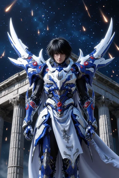  Saint Seiya; Seiya, Knight of Pegasus;  short black hair, wearing the armor symbolizing the Pegasus constellation; White and blue colors with red details; male physiognomy; Armor wings open. scene: Greek temple at night, In the background, Several meteors...