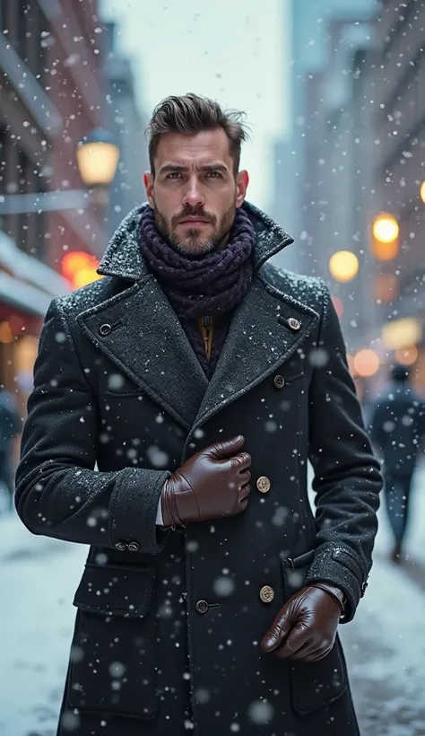 A man in a tailored winter coat and leather gloves standing in a snowy cityscape, warm breath visible in the cold air, soft snowflakes falling. Telephoto lens (85mm, f/1.4) for a smooth bokeh effect. 16:9 frame."