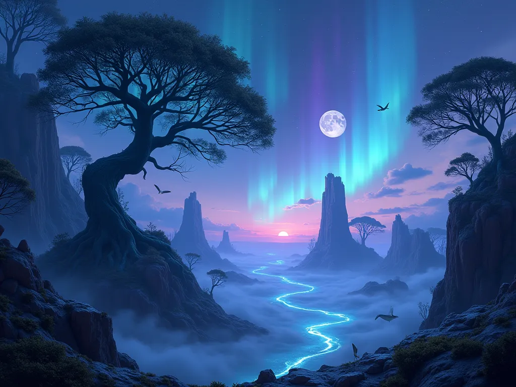 "A breathtaking, cinematic journey through a mysterious and enchanting world. Towering bioluminescent trees glow in shades of blue and purple, their roots intertwining with floating islands above a sea of mist. The sky shimmers with two moons and swirling ...