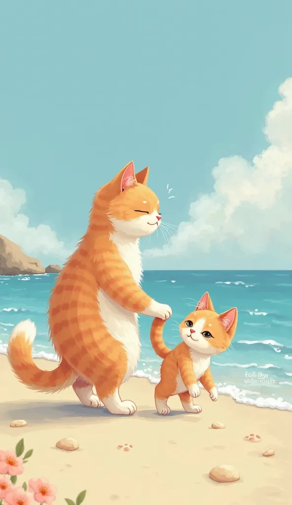 a cat copule hand to hand with baby cat walk in sea beach