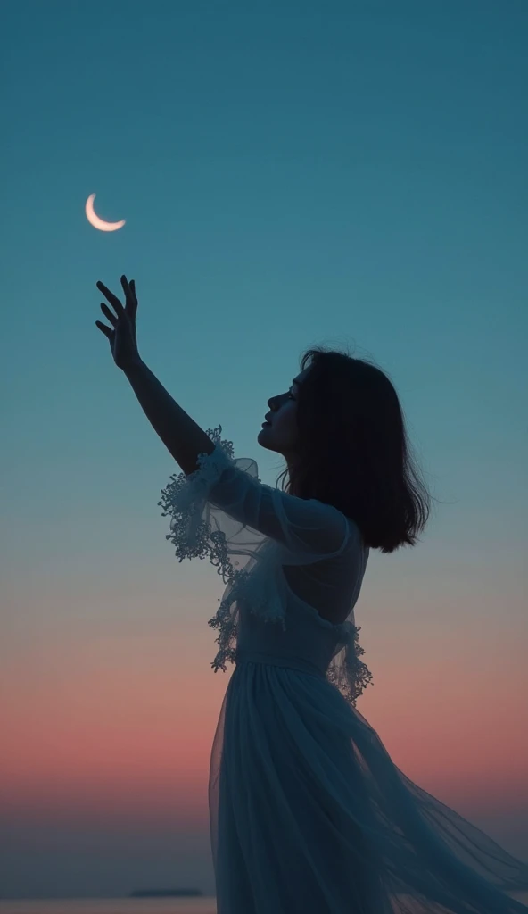 "A dreamy, aesthetic scene of a young woman with shoulder-length dark hair standing against a twilight sky. She is dressed in a delicate, flowing ruffled dress with soft, translucent fabric. Her silhouette is illuminated by the fading hues of sunset blendi...