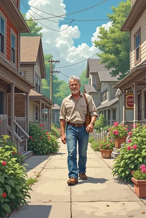 Jim, a middle-aged man, walks down a quaint street toward a small corner mart.