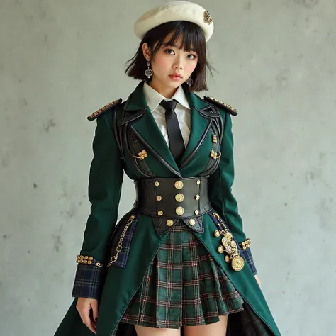 Design an intricate idol outfit blending military, school uniform, and punk aesthetics. The base is a fitted dark green and navy tartan jacket with structured shoulders, gold buttons, and decorative epaulets. The jacket is asymmetrically tailored, featurin...