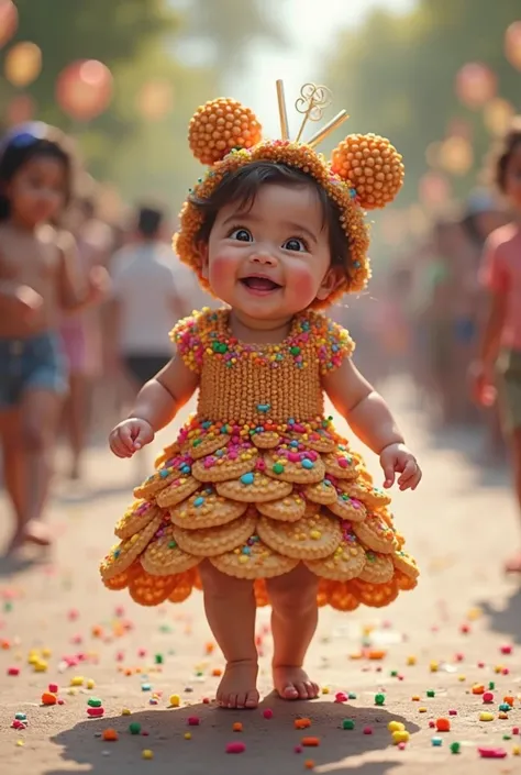 Create a scene in which a smiling and cute baby girl is wearing a dress made with brigadeiro party sweets inside the brigadeiro plates, the brigadeiros with confetti decorated with confetti in relief, and on the ****'s head an ornament of brigadeiros decor...