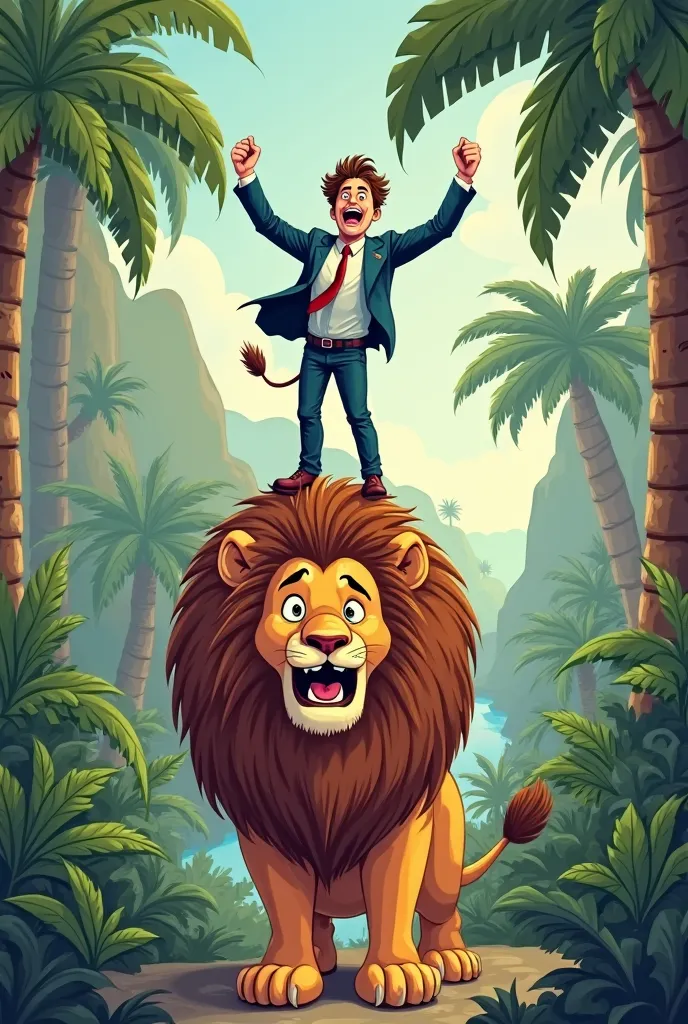 accounting professional jumping on the head of a lion in the jungle, In comic style like scenes from Tom and Jerry as a reference 