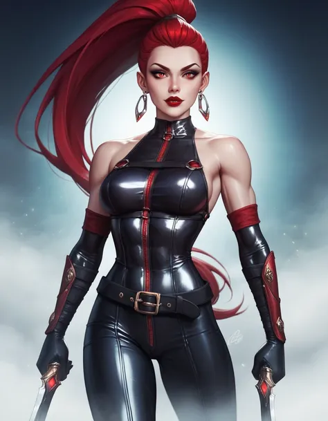 female black sleeveless latex bodysuit, black belt, racerback, bare shoulders, long gloves, black gloves, toned arms, beautiful faces, ruby red ponytail with showing forehead, long sleek ponytail, earrings, soft smooth skin, pale skin, night fog background...