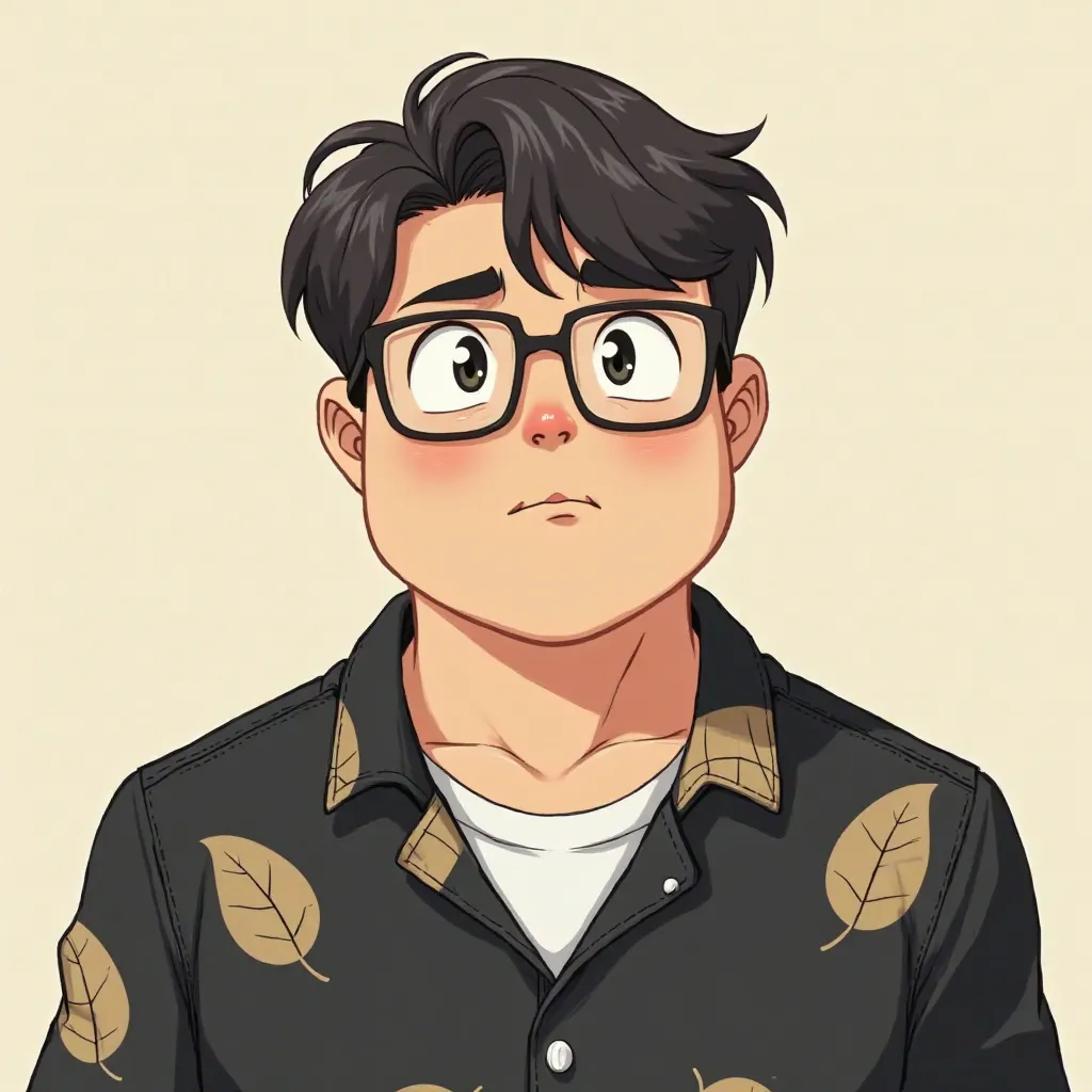 Create a character with the cartoon style of an old anime, a young man of 21 years old, fatty,  Slightly round face , Use square glasses, Hair with a classic social cut, wearing a black button-down shirt with beige leaf designs,  and a white shirt undernea...