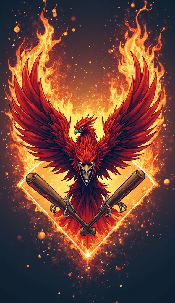 Create a baseball logo for me that says Fénix Academi, With the angry Phoenix, the diamond of play, baseball objects and the logo on fire 