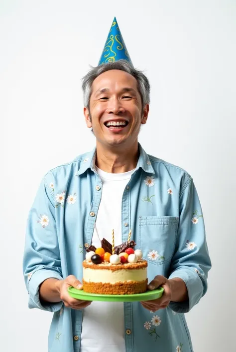 A cheerful young Asian man, approximately in his late 40s, faded short hair, is positioned in the center of the image, smiling broadly while holding a decorated cake. He wears a light blue flora button-up shirt over a white t-shirt, and a festive party hat...