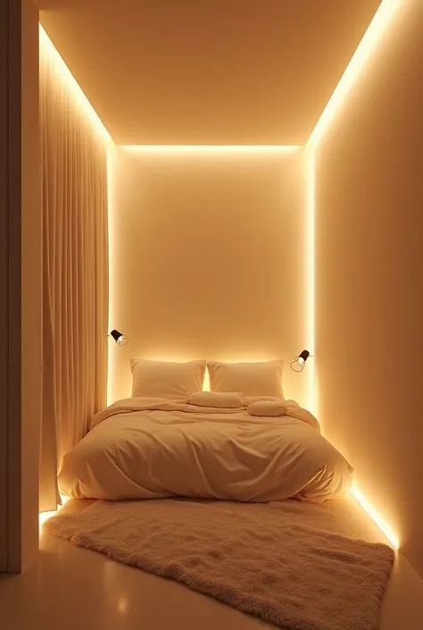 Make a room with light tan walls thats has white led lights all around the top of the wall