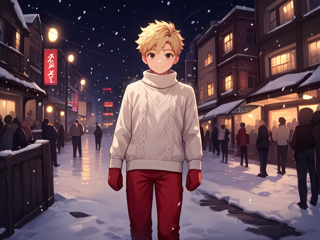 score_9_up, score_8_up, score_7_up, 1boy, solo, source_anime, young boy, , ((sfw, rating: general)) BREAK

Red knite, blond hair BREAK

White sweater, long sleeves, red mittens, red pants BREAK 

Closed mouth, smile, standing, looking at viewer, falling sn...