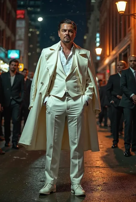 Leonardo DiCaprio, dressed as a charismatic Mafia boss, stood confidently in the middle of a dimly lit Chicago street. His white fancy suit, tailored perfectly, gleamed under the streetlights, with his shirt slightly open at the collar, giving him an effor...