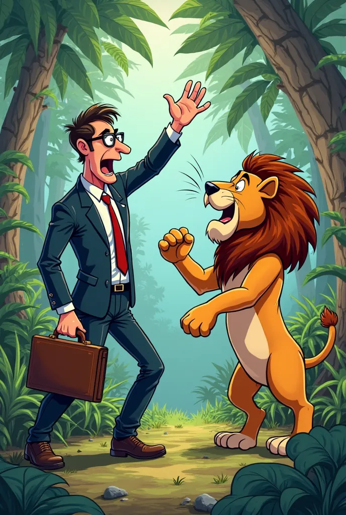 accountant slapping a lion in the head in the jungle, In comic style like scenes from Tom and Jerry as a reference 