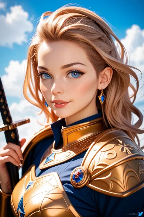 Muscular female warrior doing pussies、 big cock、Slim Waist 、Strong expression、Arrogant attitude、 blond and blue eyed、 Fantasy Backgrounds、Golden Armor、Black Sword、dark vibe、4K、High-end、realistic、Photorealistic、professional、 artwork、Photographic Realistic