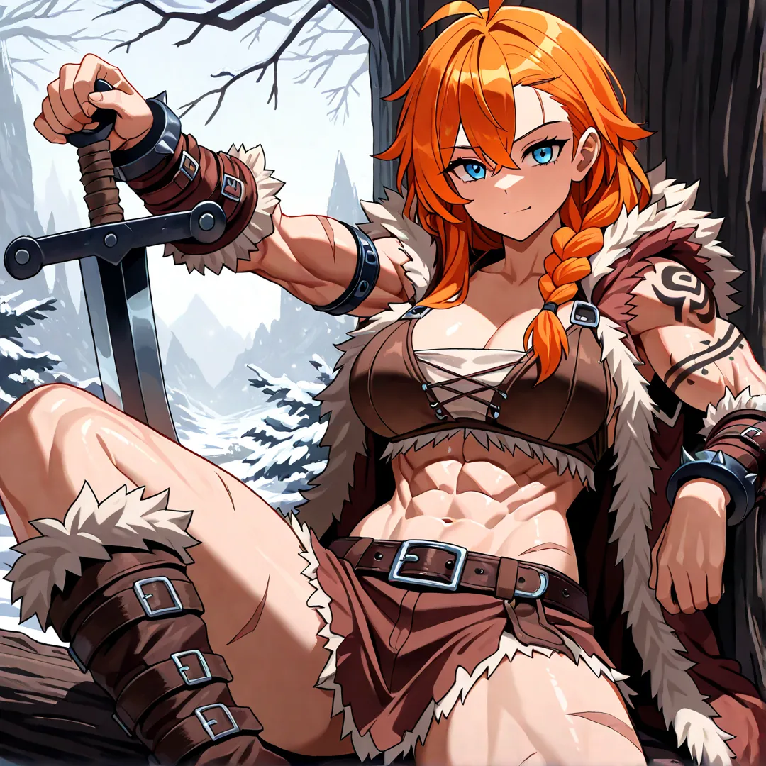 (masterpiece), best quality, absurdres, highres, perfect anatomy, 1girl, artist: (PurpleStar108), human, Orange hair, hair tied in a medium braid, light blue eyes, correct grip position, barbarian outfit, Animal fur coat, Nordic tattoos on one arm, slightl...