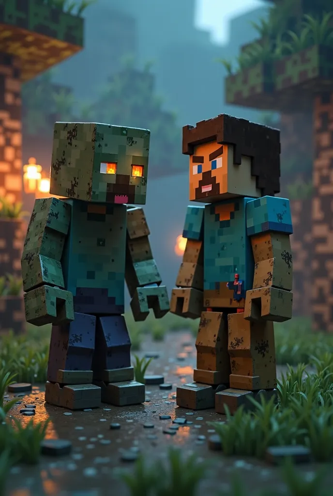 Minecraft player zombie thief Steve stands next to each other 