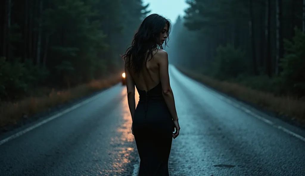 A lonely road in the dead of night, with damp asphalt reflecting the faint glow of distant streetlights. In the middle of the road stands a captivating and mysterious woman, exuding an enigmatic aura. She wears a long, form-fitting dress with a daring slit...