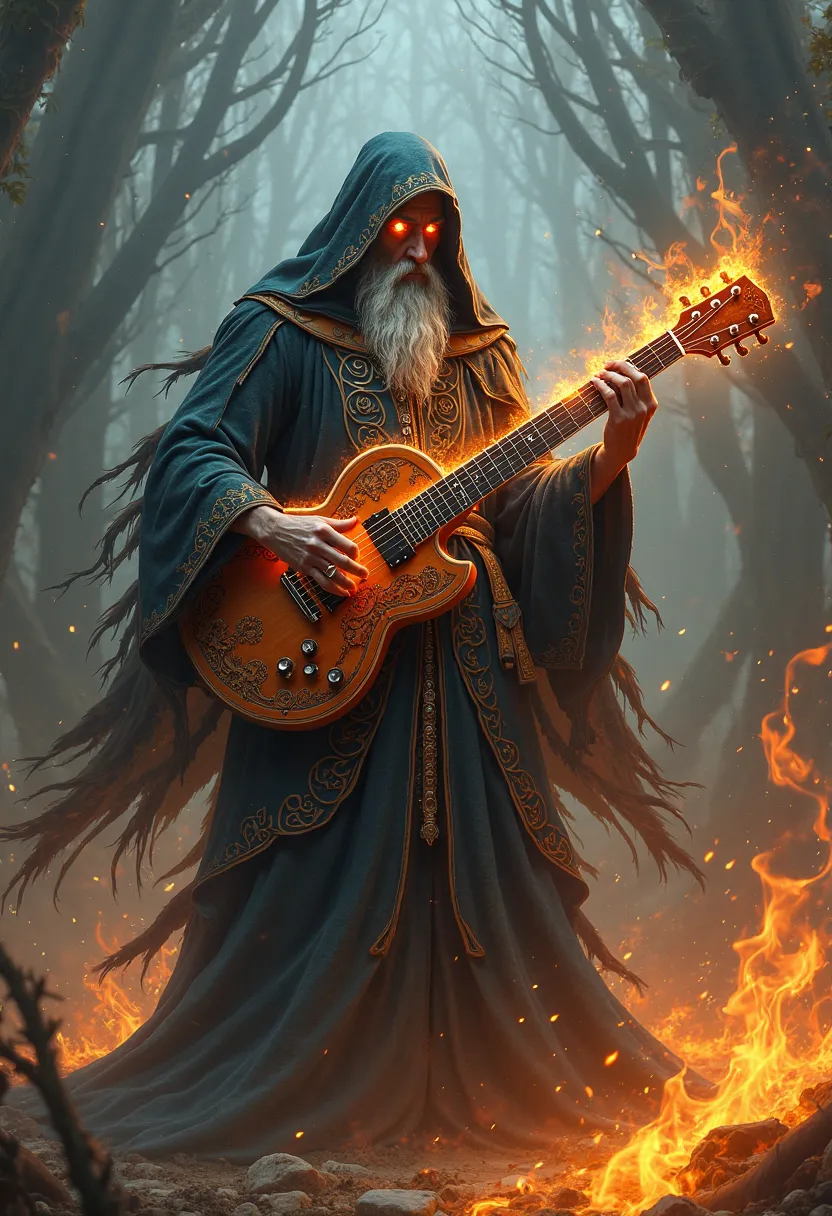 Wizard with shadow, fire and playing guitar