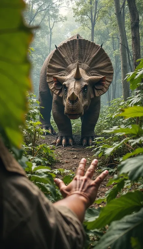 "First-person perspective of a prehistoric hunter hidden behind dense vegetation, cautiously observing a massive Triceratops feeding. His rough, calloused hand slowly pushes aside large, green leaves, revealing the towering dinosaur ahead. The Triceratops ...