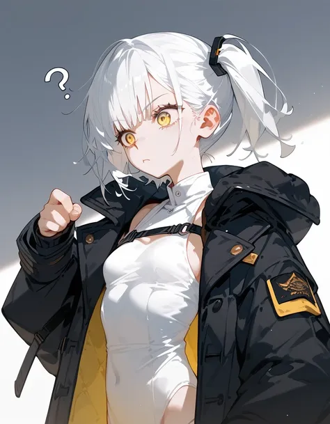 1 person,girl, white hair,in yellow eyes,Side ponytail, short hair ,Coat, Slim , Exhaustion,confused, small breasts