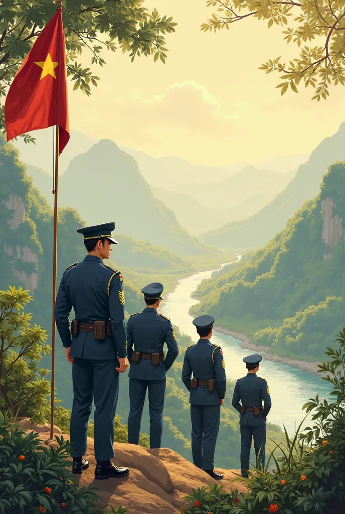 help me create a cover size 9:16, The theme is Rural Peace Point, about the Vietnamese People's Police,  with a Vietnamese flag , Rivers and mountains, wide landscape