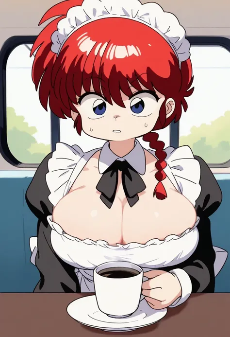 1 girl,  Ranma saotome , red hair, Hair with a braid, blue eyes, big breasts, NSFW,  pronounced neckline ,  of foot,  bursting breasts , maid costume, tender expression, Interior environment, Detailed Neckline, holding coffee cup, pretty maid, 