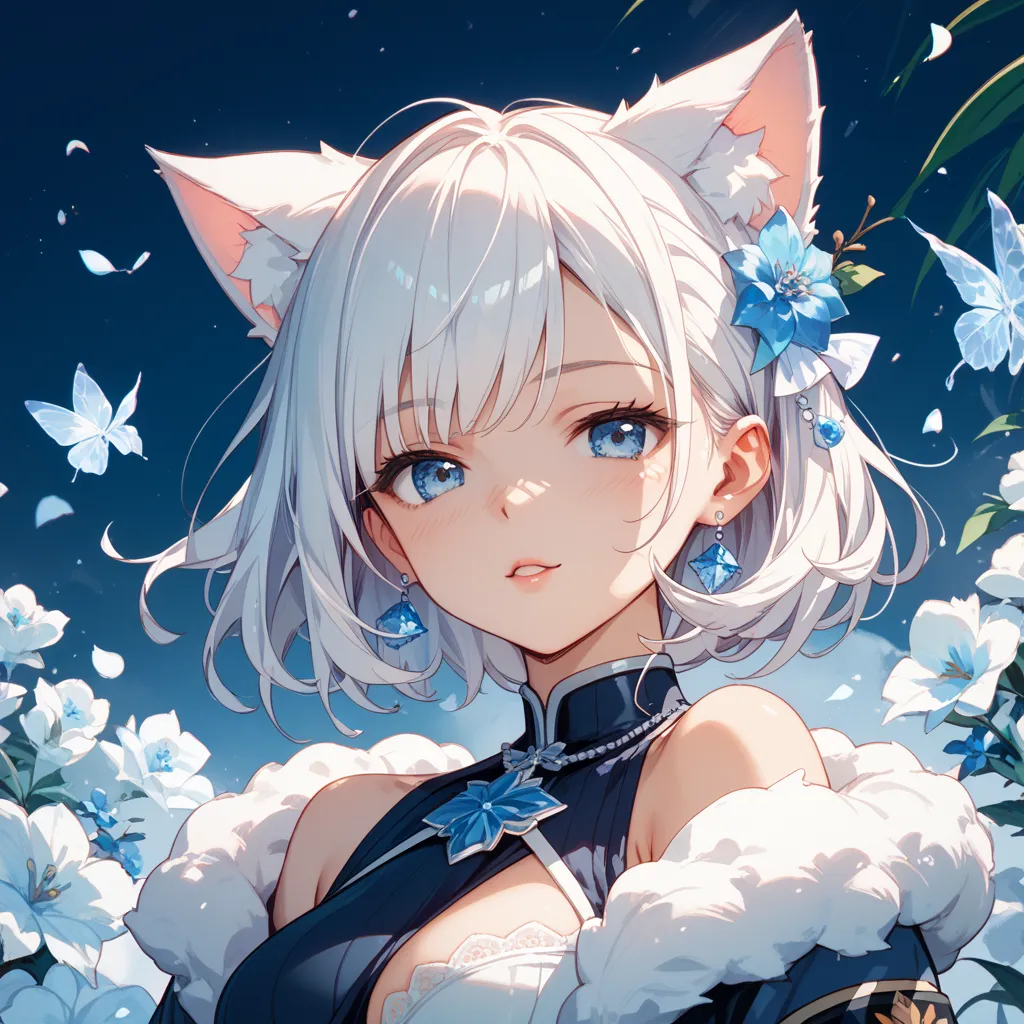  one woman、language、White cat ears、 blue eyes、 beauty、 clear、Military cold protection、cold weather background