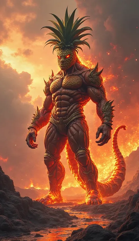 very large, , muscular hybrid of scorpion and pineapple, Standing in the World of Fire. color: ลำตัวcolorแดงและcolorส้มที่ร้อนแรงพร้อมกับcolorเหลืองและcolorเขียวที่สดใส, Luminous Spine . environment: , a fiery landscape with a melting river Dissolve, volca...