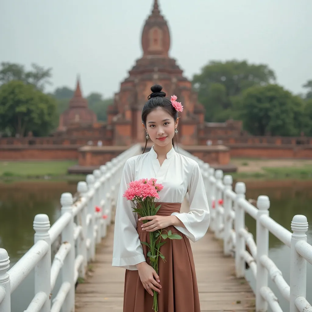 A young lady with Burmese traditional costume,  a Myanmar lady: Tall, fair skin, round face, beautiful eyes, Burmese thanakha paste on her checks,  knotted hair, a rose flower on her head, wearing a white Burmese rinphone shirt or outfit  with long sleeved...