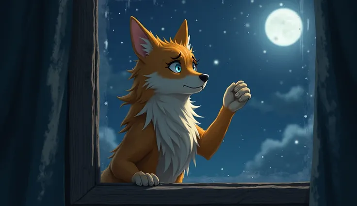 Biru standing outside Laila’s window, his golden fur shining under the moonlight. His blue eyes are filled with sorrow, and his hand reaches out toward the locked window.