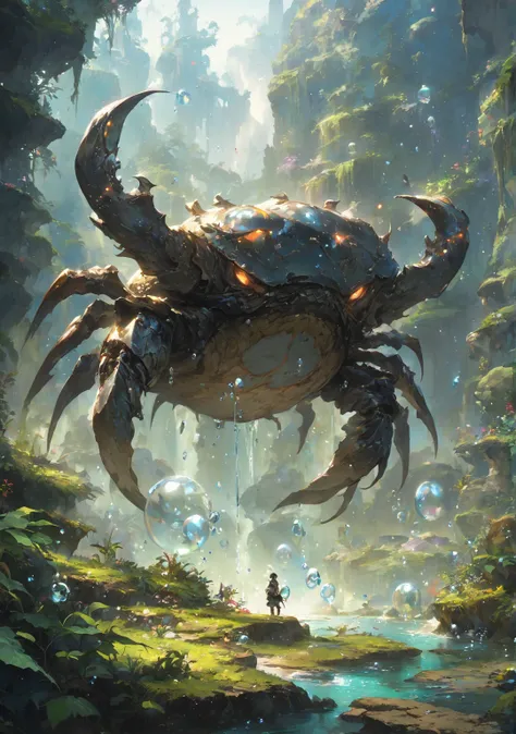 nature and water , big crab creature,  Anime Fantasy Illustrations ,  anime fantasy art , beautiful fantasy anime, A rock surrounded by bubbles and plants