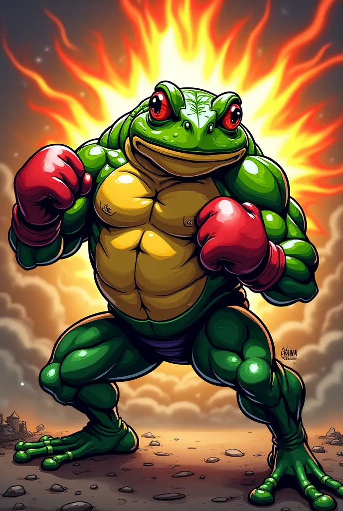 Muscular frog that is in the juice fighter position and has gloves and a boxing head