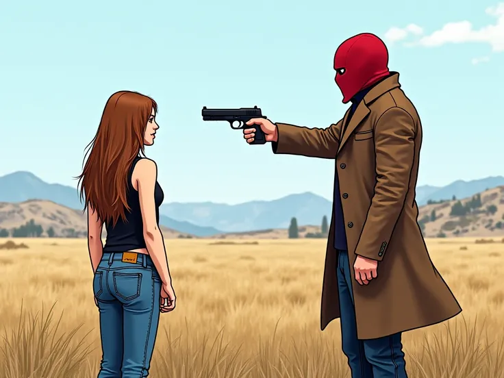  Create an image, where is a girl with long brown hair, pointed at the girl in blue jeans and a black top standing in nature, A man in a long brown-red masked coat pointed a gun at the girl.  in the style of GTA 5 , Hand-drawn picture .