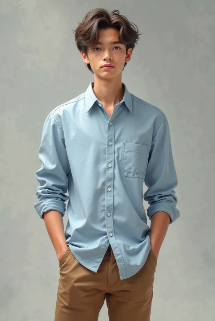 Create a person with a baby blue shirt and brown pants 