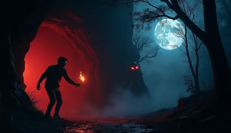 "A dark, eerie cave entrance in the middle of a dense, foggy jungle at night. The cave emits a faint red and blue glow, creating a mysterious and haunting atmosphere. In the foreground, a terrified young man (common Urdu-speaking audience look) holds a bur...