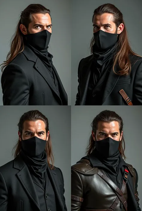 Tall, adult male assassin trainer with long brown hair, dark brown eyes, archer and protective gear black mask on his face but 4 different photos together