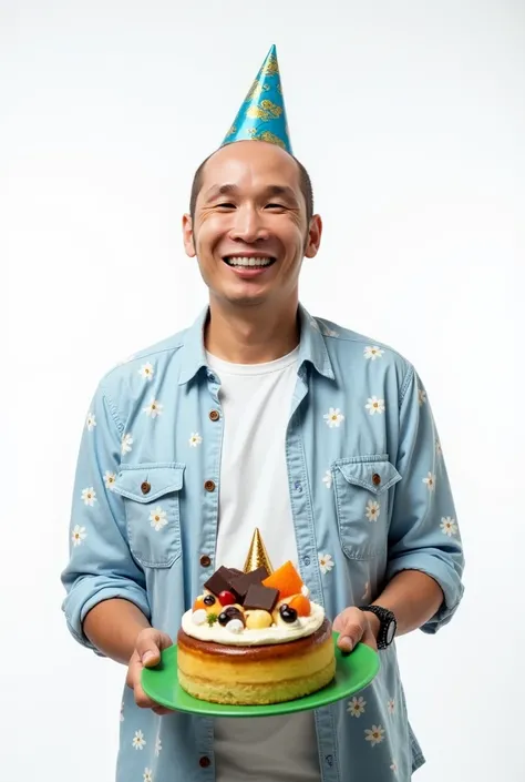 A cheerful young Asian man, approximately in his late 40s, faded bald head, is positioned in the center of the image, smiling broadly while holding a decorated cake. He wears a light blue flora button-up shirt over a white t-shirt, and a festive party hat ...