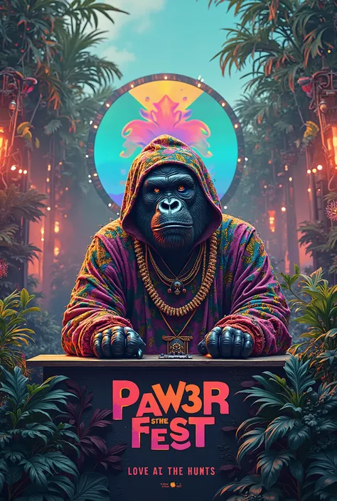 Make the stage for an Afrohouse music festival in the background where the logo is a gorilla and the festival is called Paw3r Fest with a jungle theme and that style and a gorilla DJ plays do