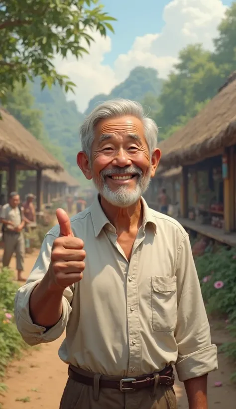 A old man in white showing thumb as a like sign with smile in a village 