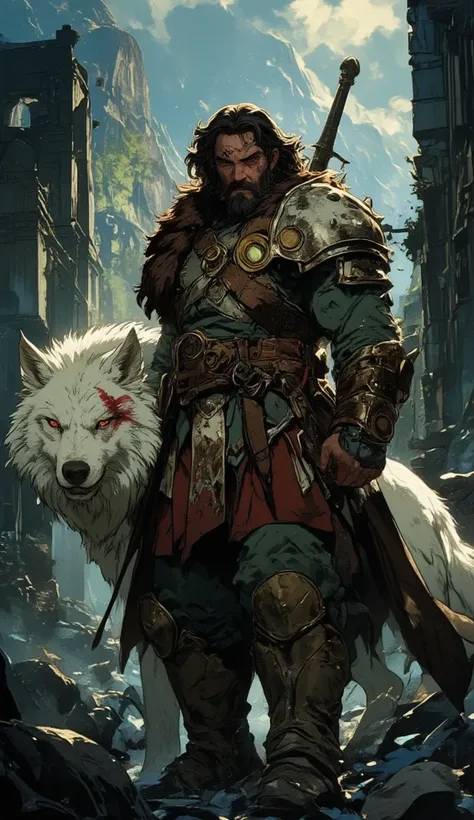 A fierce and muscular warrior with long hair and a thick beard, covered in battle scars. His intense gaze reflects his warrior spirit. He is clad in rugged armor with fur accents, wielding a massive sword resting on his shoulder. By his side stands a power...