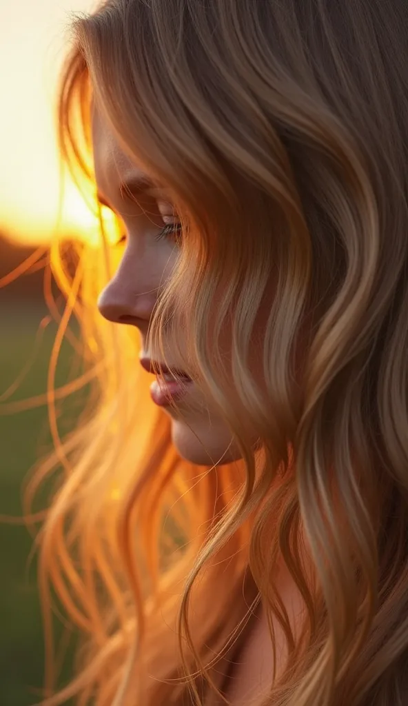 1. "A close-up of long, silky hair cascading down in soft waves, illuminated by golden-hour sunlight, creating a natural shine. Shot with an 85mm prime lens (f/1.4) for smooth focus. Cinematic 16:9 aspect ratio."