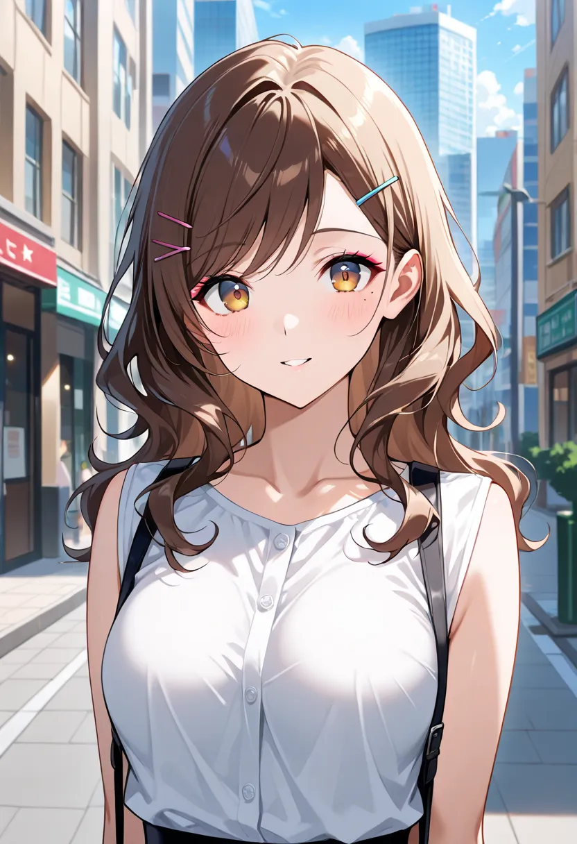  score_9,  score_8_up,  score_7_up,  score_6_up,  score_5_up,  score_4_up,  source_anime, tag1,  tag2, quality_masterpiece, anatomically accurate, (medium breasts), young woman, wavy hair,  Hair, swept bangs, side lock,  hairpins, brown eyes, gradient eyes...