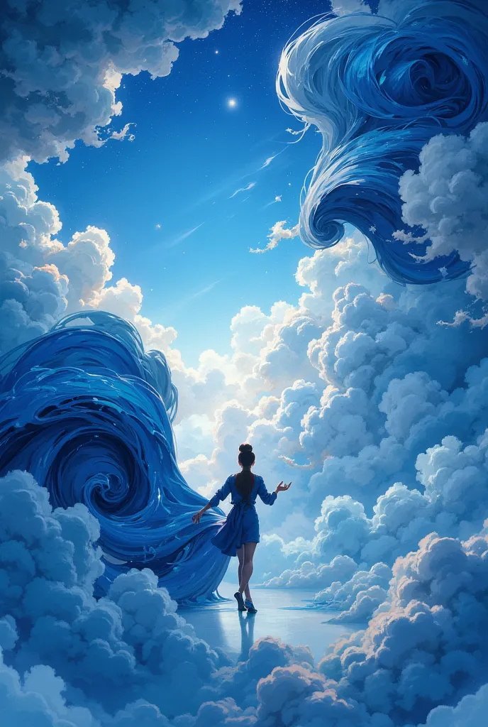 surreal art, person behind sky, peeling back blue sky like paper, hand reaching through tear, painting clouds with traditional brush, ethereal atmosphere, dimensional twist, celestial painter, sky canvas detailed elements: delicate brush strokes, curling s...