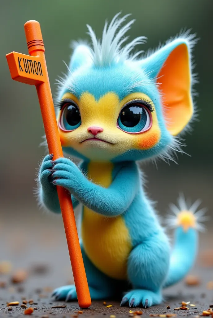 A magical creature, with an orange pole with the word "Kumon", .  that's cute. Friendly and at the same time serious, who has 2 large bright eyes, with 2 legs and 2 arms.  With mixed sky blue fur and yellow on his face