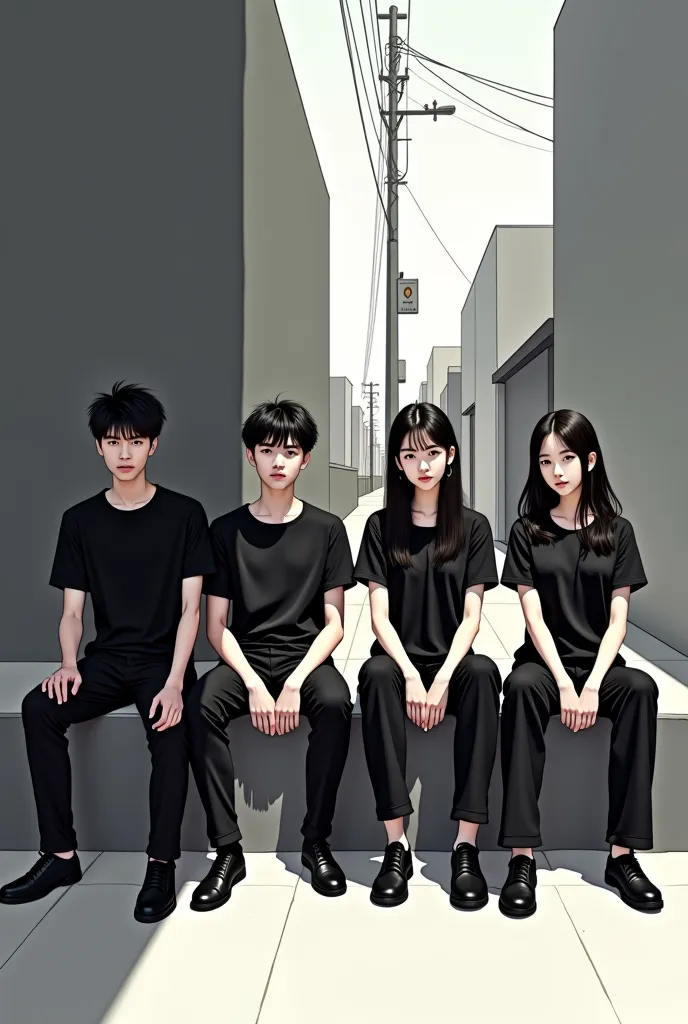 Two Korean boys' and two more women sit on the street wearing black t-shirts and long jeans 
Black 