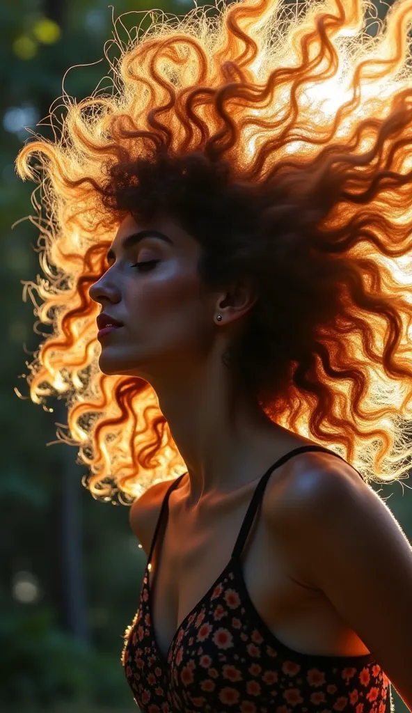 1. "A high-speed capture of a model flipping her voluminous curls in the air, strands caught mid-motion, vibrant lighting emphasizing texture. Shot with a 70-200mm telephoto lens (f/2.8) for dynamic detail. Cinematic 16:9 composition."