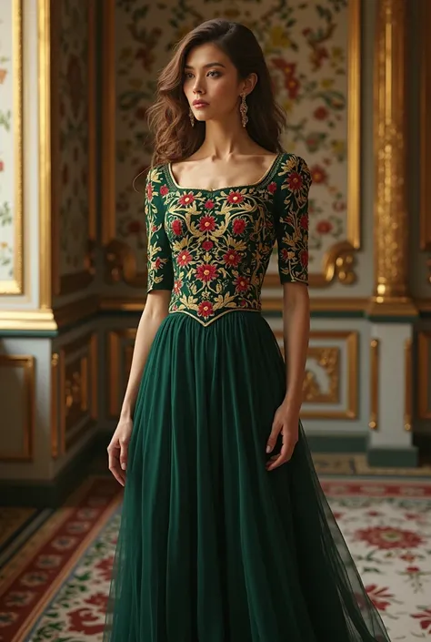 A realistic digital image of a woman wearing a stunning, floor-length dark green gown adorned with intricate gold and red floral embroidery, features a fitted bodice with a boat neckline and half-length sleeves. Her hair is styled in loose, cascading waves...