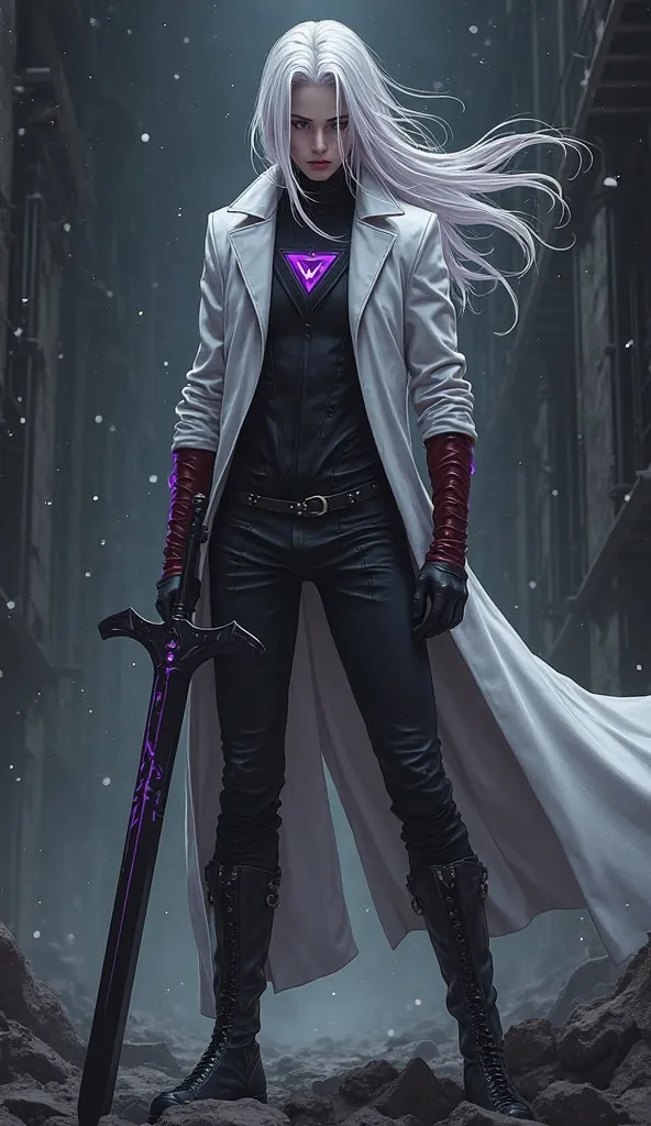 Imagine a man standing on top of a pile of s he's tall, long white hair loose in the wind, She has a large black sword with purple details on her hand and wears a white overcoat, black bodysuit with purple triangle in the middle of the chest, dress pants a...